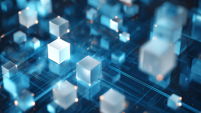 Abstract representation of digital technology with floating translucent cubes and glowing circuits in blue hues.