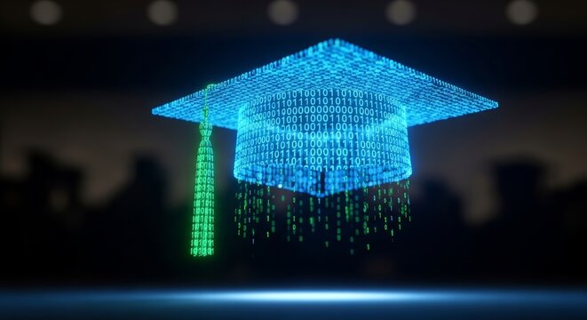 Futuristic digital graduation cap with binary code and green tassel