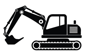 Black silhouette shows an excavator with a bucket ready to dig on the white background