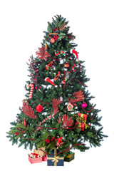 Decorated Christmas tree with presents isolated on white background. Home interior with decorated Christmas tree and gift boxes under it for the New Year celebration
