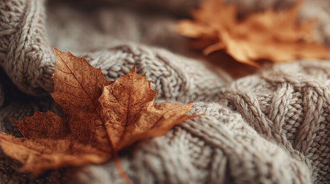 A cozy autumn composition featuring a warm knitted sweater and dried leaves. The leaves add a touch of fall season colors. 