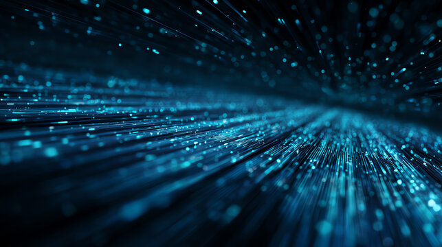 Abstract technology background illustrating motion and light effects in a digital universe filled with data particles.