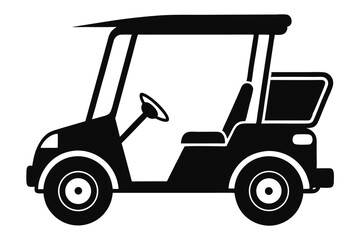A black monochrome golf car shows a simple seat and wheel design