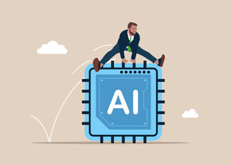 Businessman jumping over on artificial Intelligence chip. Overcome barrier solve trouble. Technology of ideas and global or use Ai for data analysis. Flat vector illustration