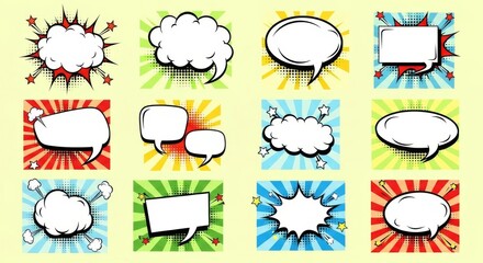 Comic Speech Bubbles Set with Pop-Art Halftone Backgrounds and Dynamic Burst Frames