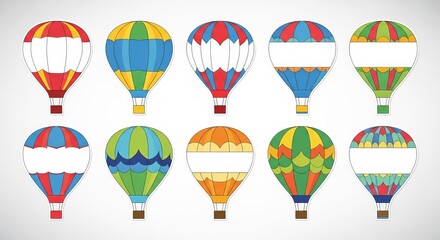 Hot Air Balloon Cutouts Grid with Vibrant Patterns and Blank Writing Spaces in Flat Vector Style