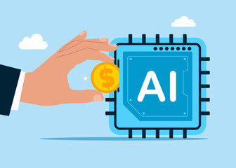 Hand putting coin a artificial intelligence chip. Neural network. Paid services on AI learning and artificial intelligence system. Processing and management internet of things. Vector illustration