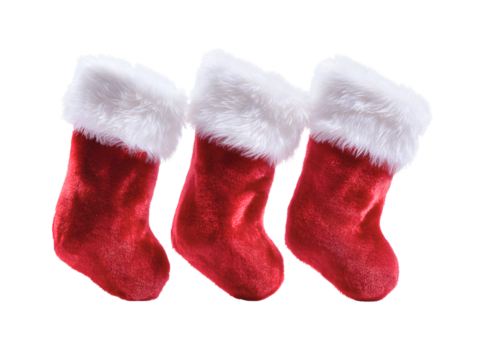 Three Red Velvet Christmas Stockings with White Faux Fur Cuffs on Pure White Background , Plush Festive Holiday Decor with Rich Velvet and Cozy Textured Detail