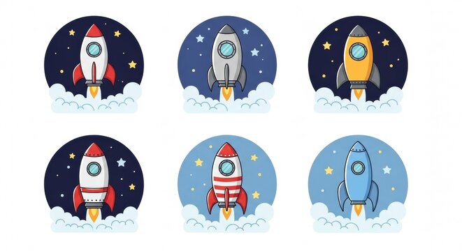 Rocket Icons in Circular Badges with Colorful Designs and Starry Dark Blue Background