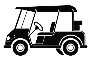 Black silhouette reveals a golf cart equipped with steering wheel, seats, and wheels