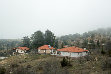 Foggy hillside village with charming red-roofed houses and soft morning light. A calm rural landscape full of natural beauty and serenity.