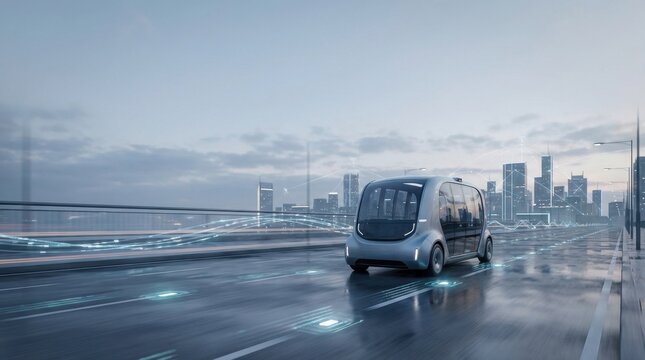 Autonomous taxi driving on modern city road with digital network overlaid. Smart transportation concept for future urban mobility. IoT vehicle.