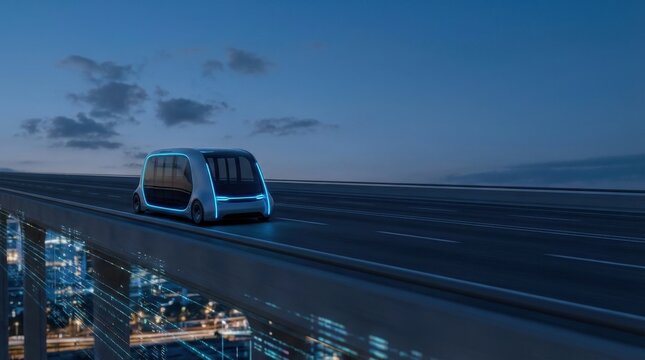 Autonomous transport vehicle driving on a highway at dusk above a futuristic smart city concept. Internet of Things and innovative technology. - Powered by Adobe