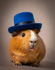 Guinea Pig in Blue Hat - A Charming Portrait of a Dressed-Up Rodent.