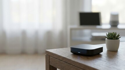 Internet of things device on wooden table with plant in modern home living room. Smart home automation and connection concept for digital life.