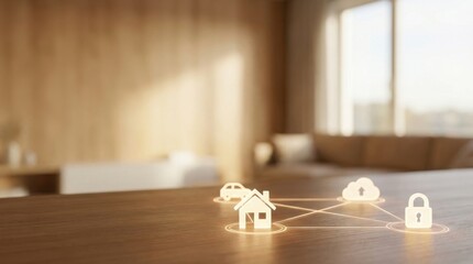 Internet of things connection with house, car, cloud, and unlock symbol. Digital network integration for smart home security and automation.