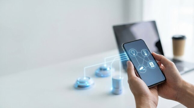 Man holding smartphone with smart home interface, connecting to IoT devices for home automation and internet of things control application