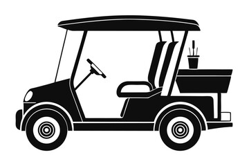 Fototapeta premium Silhouette reveals a simple golf cart with a driver's seat and golf clubs on the back