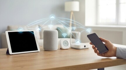 Hand holding smartphone connecting with smart home devices like tablet, speaker, thermostat, and router for internet of things concept.