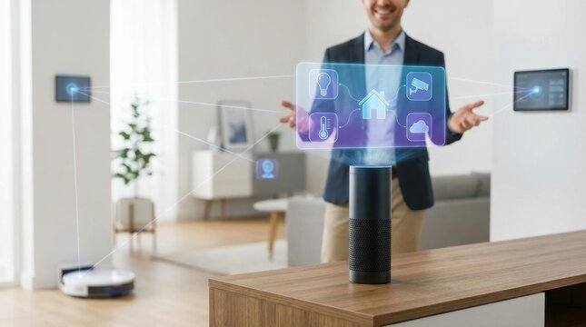 Man interacting with smart home holographic interface representing internet of things. iot connectivity for future home automation control concept.