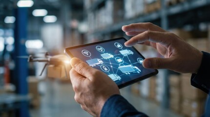 Man holding a tablet displaying a logistics network of trucks and drones. IoT for smart transport and delivery in modern warehouse.