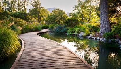 Fototapeta premium serene wooden pathway curving through tranquil water garden scene