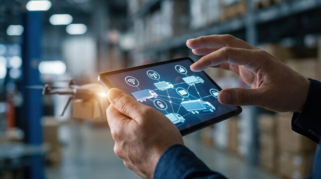 Man holding a tablet displaying a logistics network of trucks and drones. IoT for smart transport and delivery in modern warehouse.