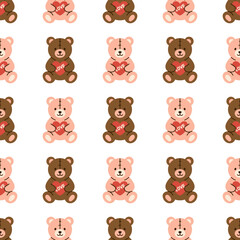 Vector seamless pattern with bears holding hearts on white background. Cute romantic print for Valentines Day, childrens textile, wrapping paper, gift decor, and festive designs in flat style.