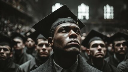 African american men in graduation caps and gowns standing in formation. University commencement ceremony sequence showing group of focused male graduates in historic hall.