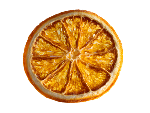 Single Dried Orange Slice on Transparent Background , Vibrant Textured Natural Fruit with Detailed Rind, Pulp, and Translucent Finish