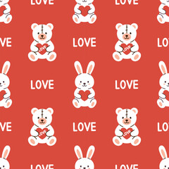 Vector seamless pattern with teddy bears, bunnies and hearts on red background. Cute romantic print for Valentines Day, textile, gift wrap, present decor, and holiday greeting in flat style.