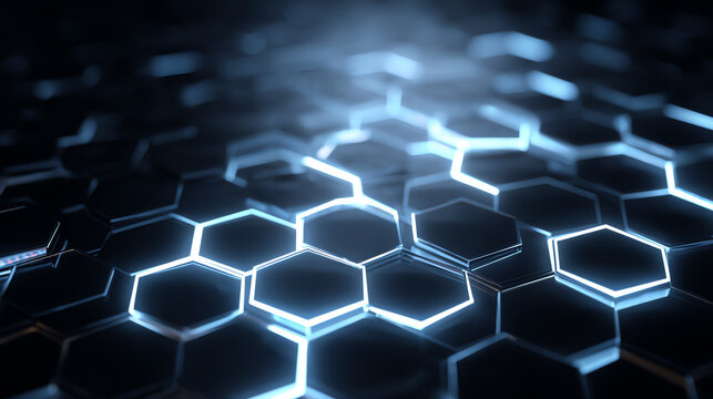 Close-up of futuristic hexagonal patterns glowing in blue light, representing innovative technology and design.