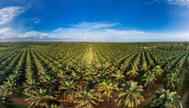 view from the back of a palm oil plantation featuring rows of palm oil trees the field perspective showcases the organized layout of palm oil tree plantations