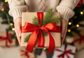Hands holding a beautifully wrapped christmas gift box tied with a red satin ribbon and decorated with a green fir branch, with festive bokeh lights in the background