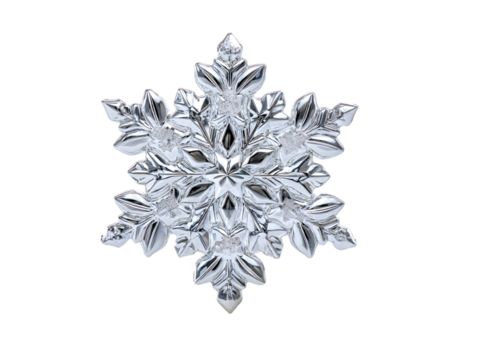 Silver Metallic Snowflake Ornament on Transparent Background , Intricate Frosted Symmetrical Holiday Decoration with Polished Reflective Detail