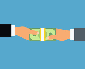 vector human hand giving dollar banknotes to another hand. giving money. pay in cash. money deal, payment agreement. dollar bills in human hands, flat style