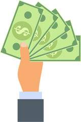 vector human hand holding dollar banknotes. dollar bills in human hand, flat style, isolated on white background