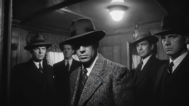 Group of men in fedoras and suits stand in dimly lit train compartment. Film noir style sequence showing shadowy gathering of caucasian males in vintage attire evoking mystery and tension in classic