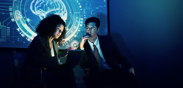 Ai using. Business team using technology artificial intelligence with digital Ai assistant. Futuristic innovation AI technology collaboration and biz ideas for future. Business Tech Startup meeting.