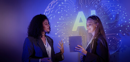 Ai using. Business team using technology artificial intelligence with digital Ai assistant. Futuristic innovation AI technology collaboration and biz ideas for future. Business Tech Startup meeting.