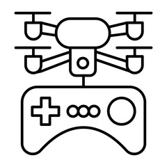 Drone copter with control joystick thin line icon, portable electronics concept, quadcopter and gamepad sign on white background, outline style for mobile web design. Vector graphics.