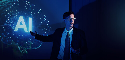 Ai using. Business team using technology artificial intelligence with digital Ai assistant. Futuristic innovation AI technology collaboration and biz ideas for future. Business Tech Startup meeting.