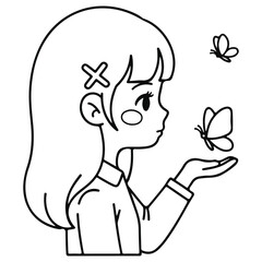 Hand drawn cute girl profile looking at butterfly on hand sketch illustration black and white doodle side view female character with insect for coloring book isolated design element