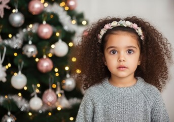A young girl with curly dark hair and a floral headband looks at the camera with a decorated christmas tree in the background, evoking a festive holiday spirit and childhood wonder