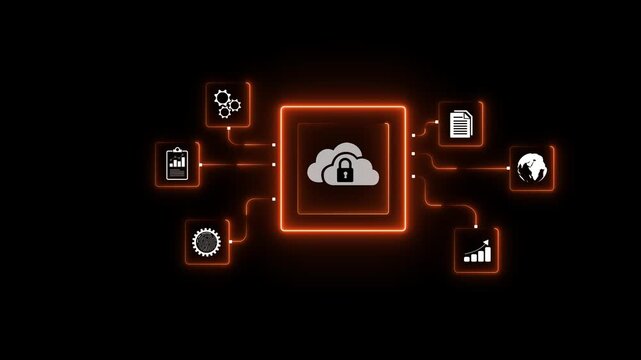 Digital security interacts with a virtual interface displaying digital document icons, highlighting secure data access technology. Motion graphics of cloud lock security concept.