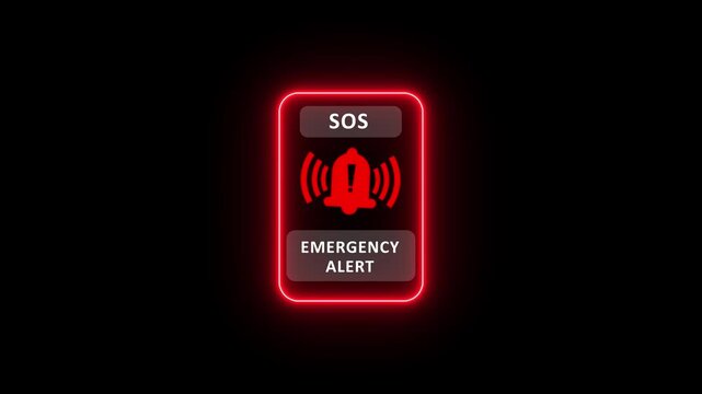 Digital activates an emergency alert on a smartphone, displaying an SOS warning with red alert icons animation on a dark background. 4k
