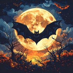 Halloween Night - Bat Silhouette Against a Full Moon.