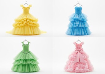 Four fairytale princess ball gowns in yellow, blue, green, and pink, each with a full ruffled skirt and delicate bodice