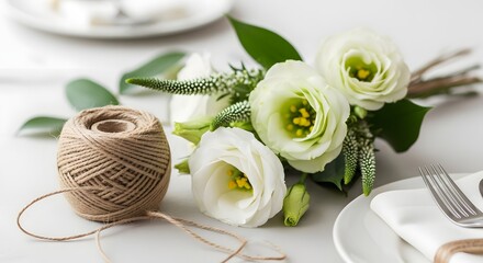 White flower arrangement with twine and table setting for a special occasion look