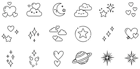 Hand drawn cute doodle icon set with hearts stars clouds and moon sketch illustration black and white sparkles planet line art sticker pack for decoration isolated design elements